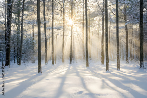 Winter forest bathed in sunlight with fresh snow glistening on the trees, creating a breathtaking view