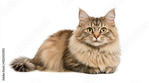 A stunning fluffy grey longhaired cat poses gracefully against a clean white backdrop, perfect for pet lovers. photo