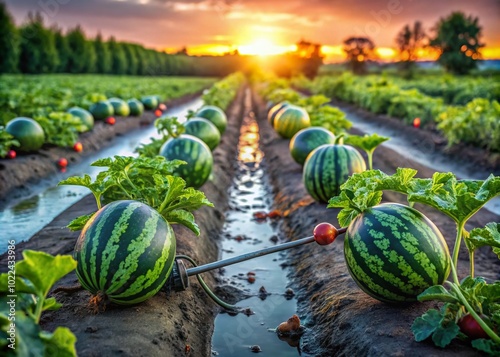 Low Light Photography of Watermelon Bio Farm with Irrigation System and Growth Stages of Citrullus lanatus in Lush photo