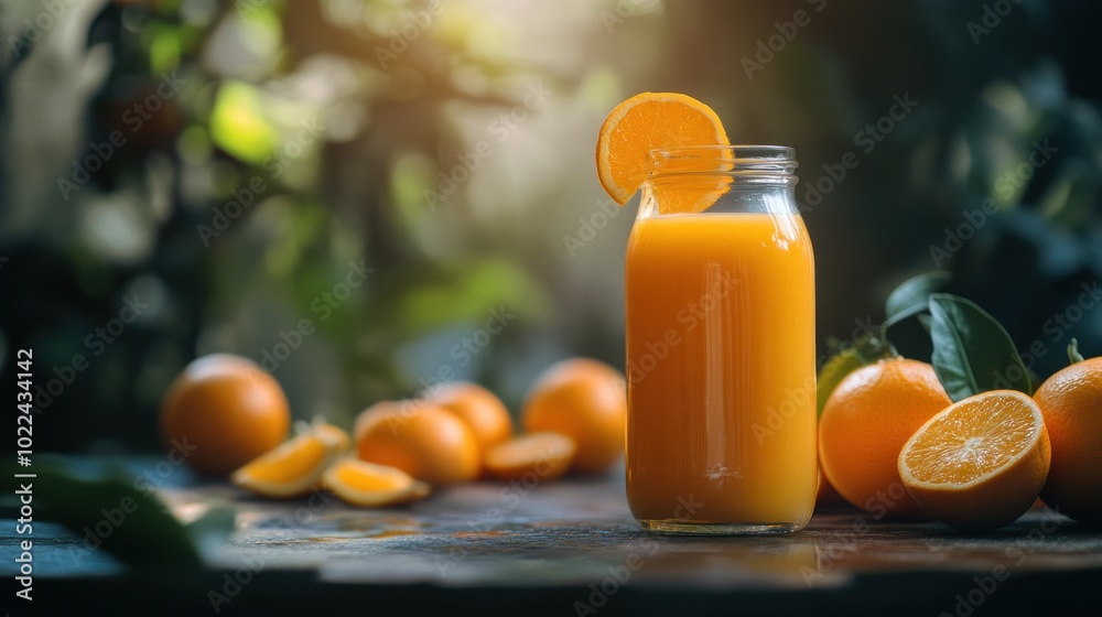 Glass Jar of Fresh Orange Juice with Sliced Oranges Glass Jar of Fresh Orange Juice with Sliced Oranges