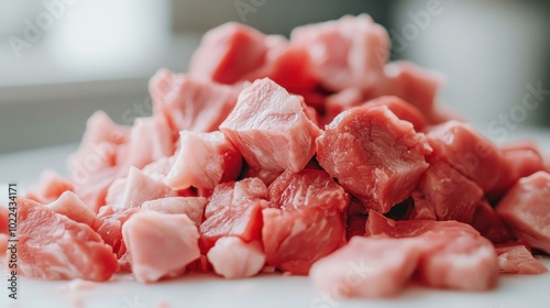 A vibrant closeup of tender meat pieces artfully arranged, set against a softfocus backdrop that elevates the dish. photo