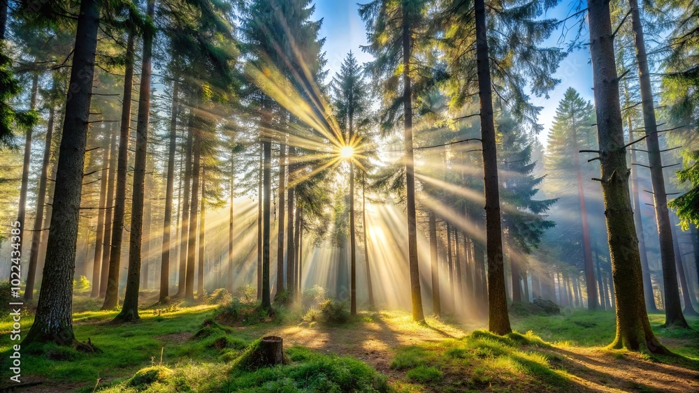 Obraz premium Golden rays of sunlight pierce through the misty canopy of a towering forest, illuminating the verdant undergrowth and casting long shadows on the woodland floor.