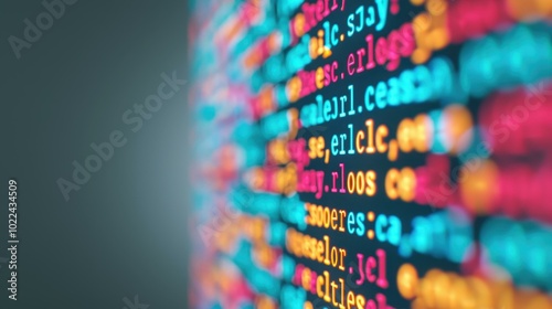 A vibrant closeup of colorful code on a screen, showcasing programming art in a softfocused backdrop. photo