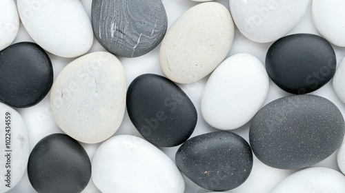 Closeup of smooth pebbles on a beach, showcasing a mix of gray and pastel stones for a calming texture. photo