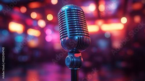 Vintage microphone in a colorful, atmospheric setting.