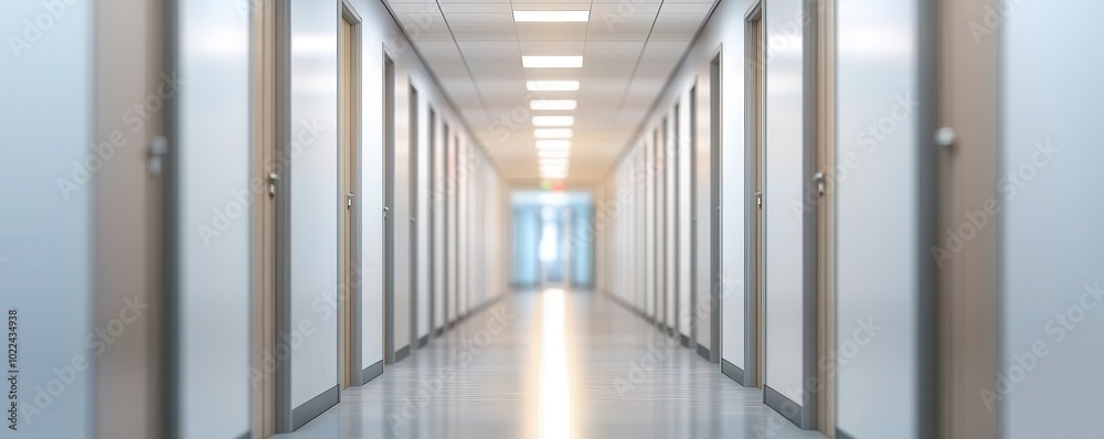 Fototapeta premium Modern corridor with light reflections and metallic doors, white isolate background.