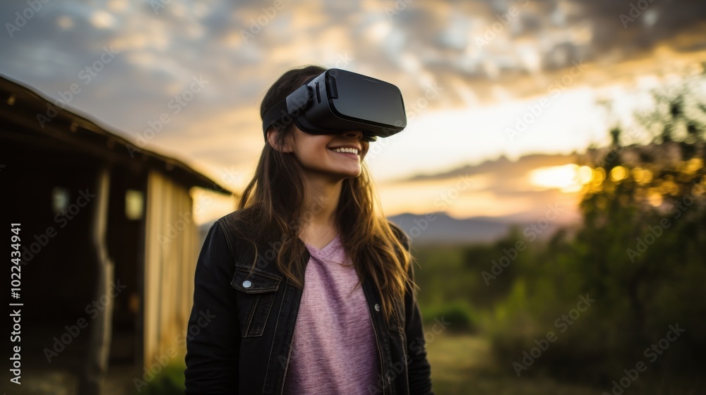 A young girl explores virtual worlds with VR goggles, silhouetted by a stunning sunset in an open field. A young girl explores virtual worlds with VR goggles, silhouetted by a stunning sunset in an open field.
