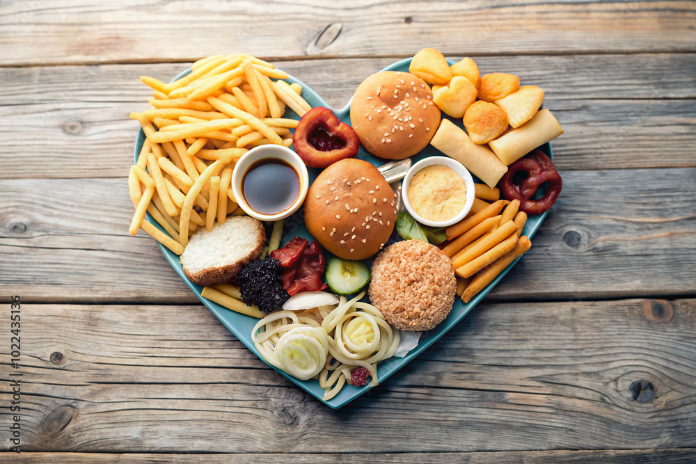 Heart-Shaped Plate of Fast Food Delights Brimming with Fries and Burgers for Passionate Snack Lovers Heart-Shaped Plate of Fast Food Delights Brimming with Fries and Burgers for Passionate Snack Lovers