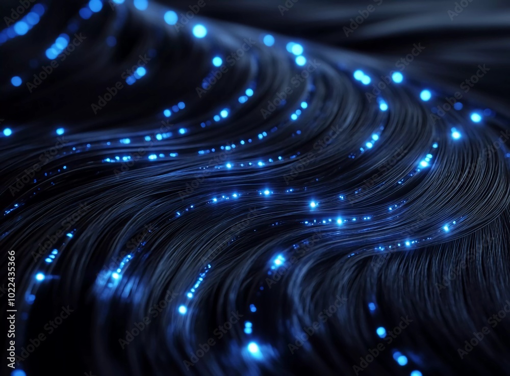 3D render of human hair, cross-section showing hair strands and the base layer with a focus on blue lights under each strand, 3D render of human hair, cross-section showing hair strands and the base layer with a focus on blue lights under each strand,