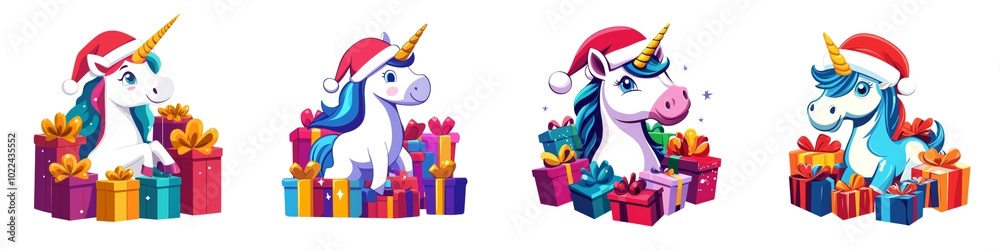Fototapeta premium A festive unicorn wearing a Santa hat, surrounded by colorful presents, celebrates the holiday spirit in a whimsical design.