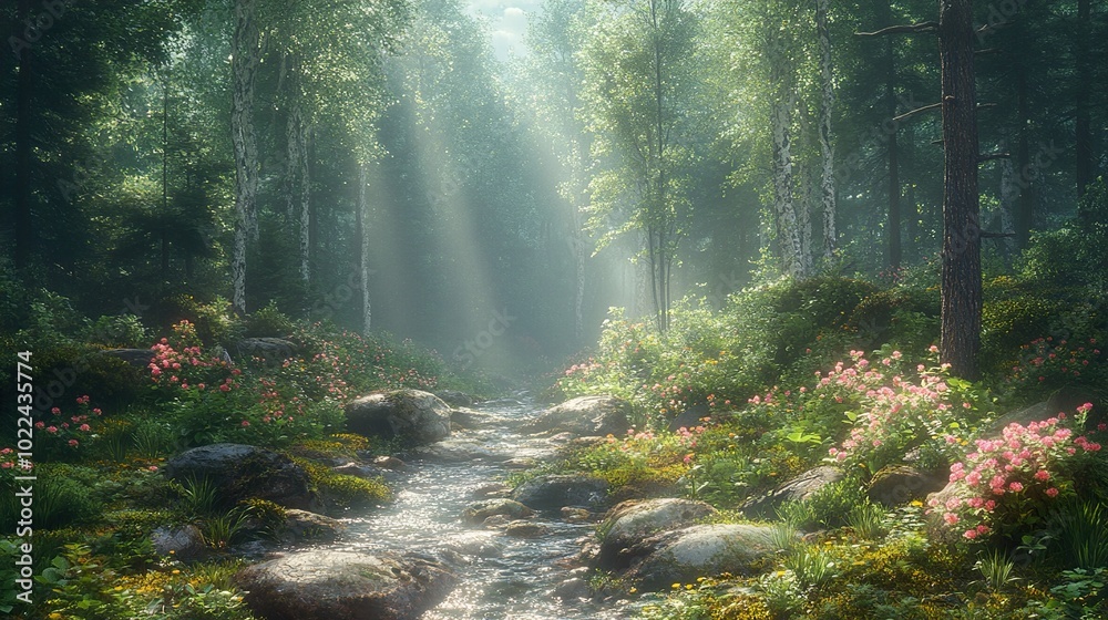 Fototapeta premium Sunbeams Through a Tranquil Forest Stream