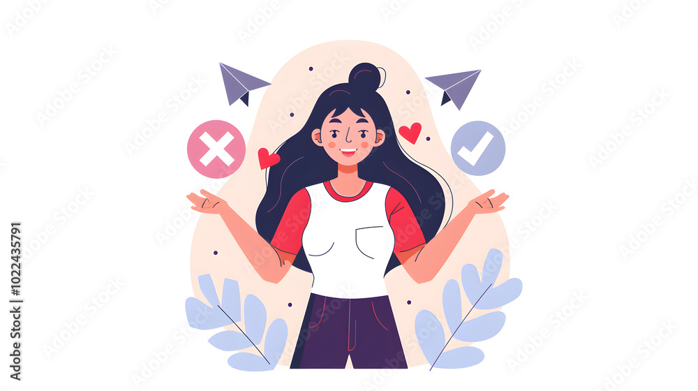 A woman is holding two icons, one with an X and the other has three check marks on it, flat design illustration, white background A woman is holding two icons, one with an X and the other has three check marks on it, flat design illustration, white background