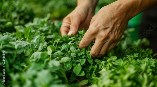 Hand Reaching for Fresh Green Herbs in Garden