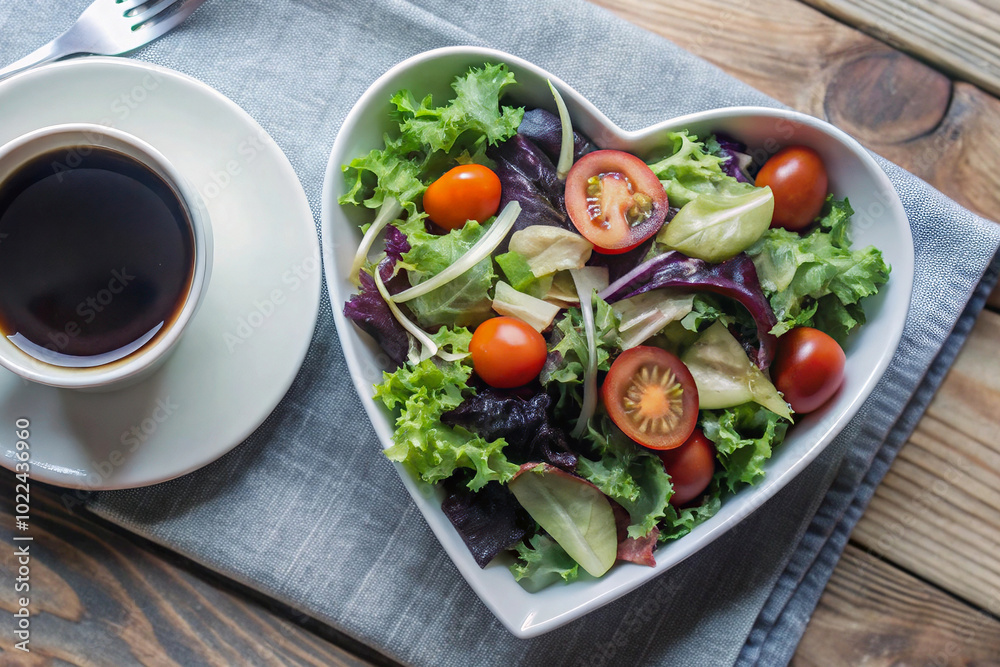Heart-Shaped Salad with Fresh Vegetables and Coffee on Wooden Tabletop Heart-Shaped Salad with Fresh Vegetables and Coffee on Wooden Tabletop