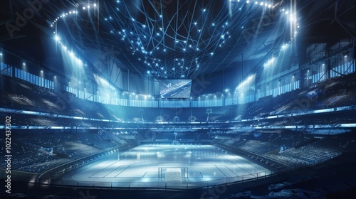 A futuristic sports arena with advanced technology enhancing the viewer experience and athlete performance