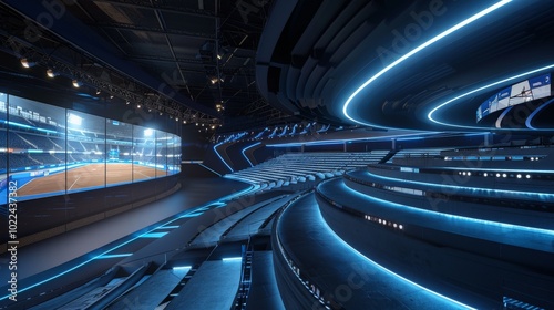 A futuristic sports arena with advanced technology enhancing the viewer experience and athlete performance