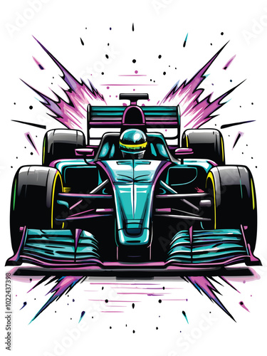 Abstract Formula 1 race car with neon glowing effects.