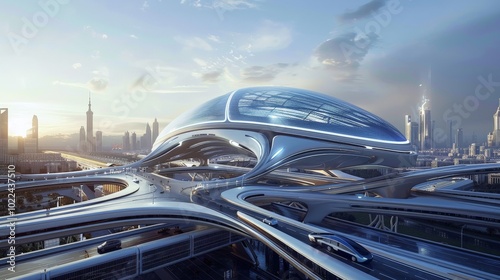 Wallpaper Mural A futuristic transport hub with autonomous flying taxis and high-speed maglev trains Torontodigital.ca