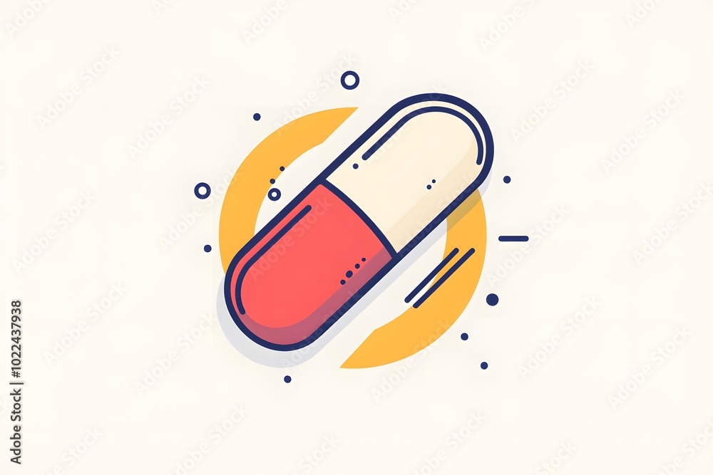A Cartoon Pill with a Yellow Curved Line Behind it A Cartoon Pill with a Yellow Curved Line Behind it