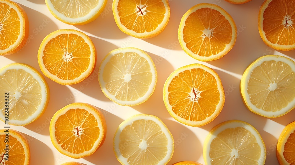 Vibrant citrus slices arranged neatly, featuring bright oranges and pale lemons, showcasing fresh fruit in an aesthetically pleasing layout. Vibrant citrus slices arranged neatly, featuring bright oranges and pale lemons, showcasing fresh fruit in an aesthetically pleasing layout.