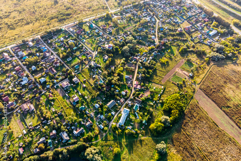 Panoramic view from a great height of a rural settlement Panoramic view from a great height of a rural settlement