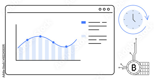 A window displaying a line chart with data points a clock icon, and a Bitcoin symbol on a white background. Ideal for financial analysis, cryptocurrency monitoring, blockchain technology, investment