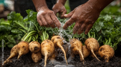 Hands Washing Freshly Harvested Parsnips with Water Splashes