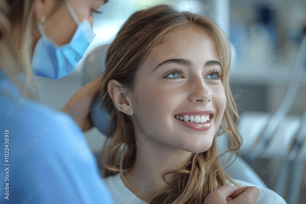 Smiling girl receiving dental treatment in dentist's chair with female hygienist in blue uniform, cinematic lighting Smiling girl receiving dental treatment in dentist's chair with female hygienist in blue uniform, cinematic lighting