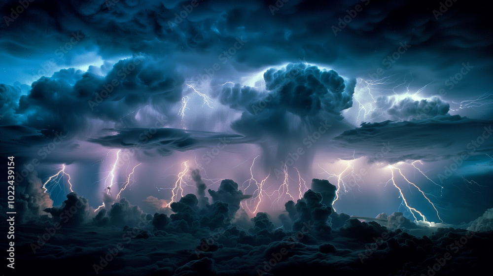 Dark stormy sky with massive clouds and glowing lightning strikes in a dramatic scene Dark stormy sky with massive clouds and glowing lightning strikes in a dramatic scene