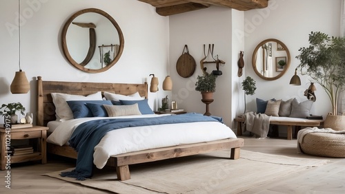 A cozy bedroom with a rustic wooden bed, blue pillows, two bedside cabinets, and three poster frames on a white wall.-