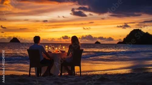 Romantic Couple Enjoying a Sunset Dinner on the Beach