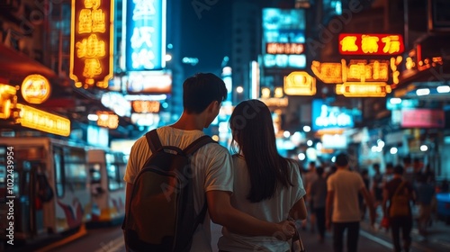 Couple Walking Hand-in-Hand Through a Vibrant Night Market