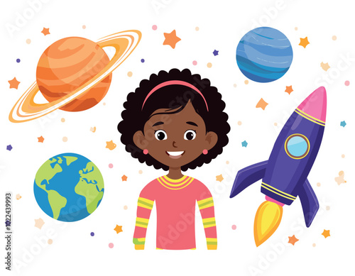 A vibrant vector illustration of a smiling little girl in space, surrounded by planets and a rocket. Perfect for educational, children’s books, or space-themed projects.