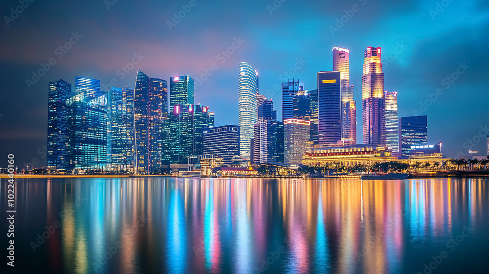 Fototapeta premium Singapore city skyline with modern skyscraper architecture for the concept of financial business and travel in Asia cityscape urban landmark, Marina Bay at night, dusk sky.