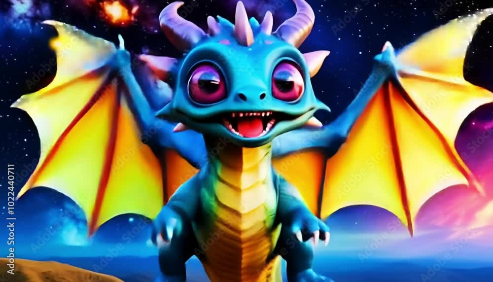 A cute blue dragon jumps and flies while on a rock in a mountainous area and a beautiful galazy sky A cute blue dragon jumps and flies while on a rock in a mountainous area and a beautiful galazy sky