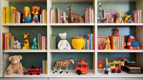 Bright, organized shelves filled with colorful toys and children's books, creating a playful and inviting environment. photo