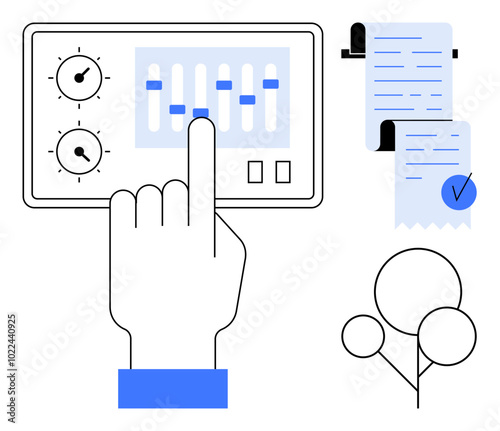 A hand adjusting settings on a control panel, a checklist with a blue checkmark, and connected circles. Ideal for technology, organization, settings, planning, and management themes. Simple line art