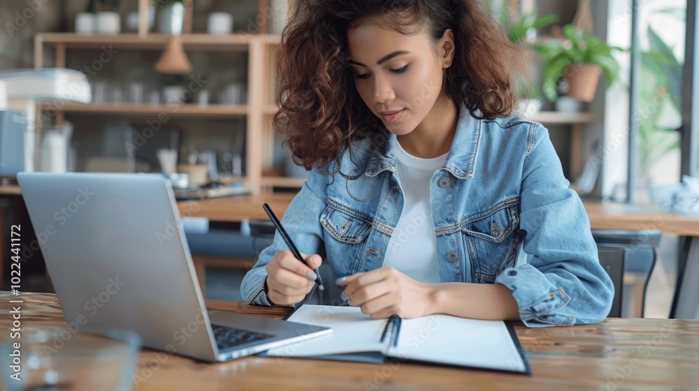 Young Woman Writing Notes on Notebook, Using Mobile Phone and Laptop, Studying Online at Coffee Shop, Casual Denim Shirt, Remote Work, E-learning and Freelance Job Young Woman Writing Notes on Notebook, Using Mobile Phone and Laptop, Studying Online at Coffee Shop, Casual Denim Shirt, Remote Work, E-learning and Freelance Job