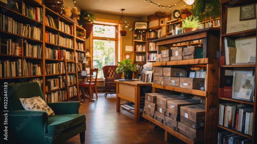 A warm, inviting bookstore with wooden shelves stuffed with books, a cozy armchair, and soft, ambient lighting. A warm, inviting bookstore with wooden shelves stuffed with books, a cozy armchair, and soft, ambient lighting.