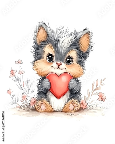 A cute little cat holding a red heart in its mouth. The image has a warm and affectionate mood, as the cat is holding a symbol of love