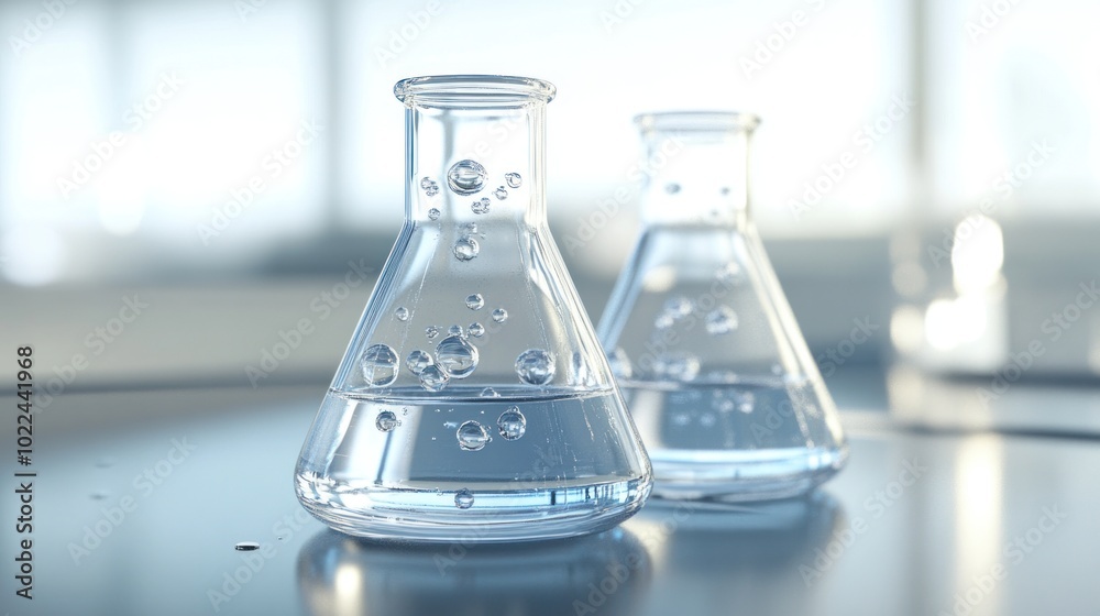 Close-up of Two Erlenmeyer Flasks with Liquid and Bubbles