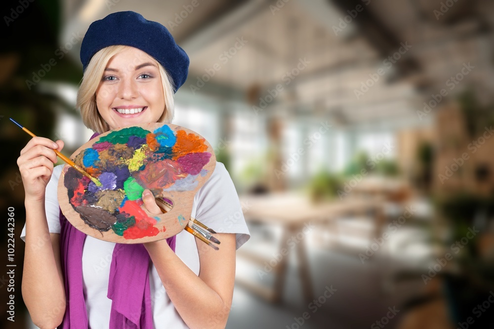 Fototapeta premium Painting brushes and bright colors paint. Craft artistic