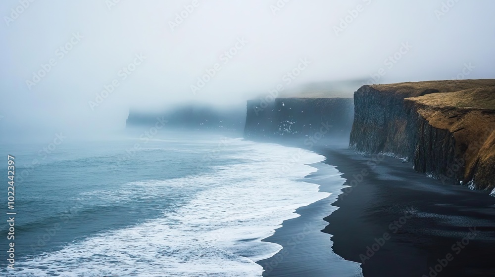 Black Sand Beach and Cliffs with Foggy Skies Black Sand Beach and Cliffs with Foggy Skies