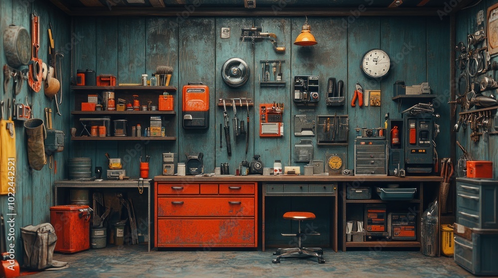 A well-organized workshop with tools and equipment for projects. A well-organized workshop with tools and equipment for projects.