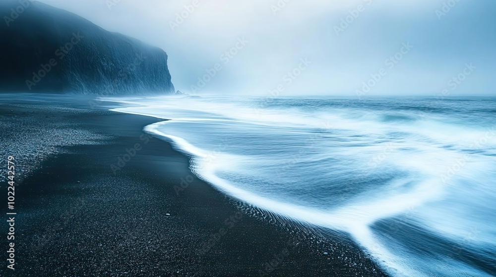 Black Sand Beach and Dramatic Waves in Foggy Conditions Black Sand Beach and Dramatic Waves in Foggy Conditions