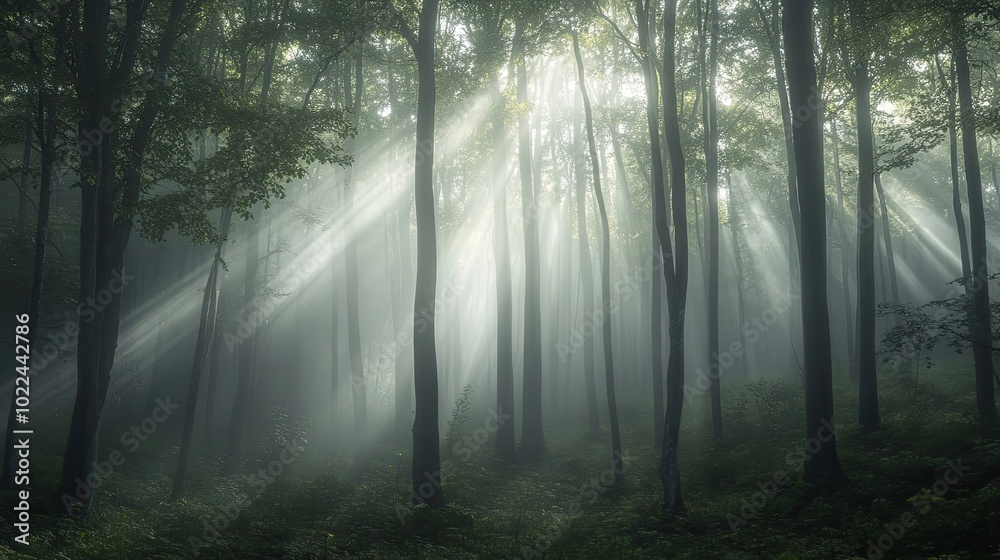 Obraz premium Sunbeams Illuminating a Misty Forest