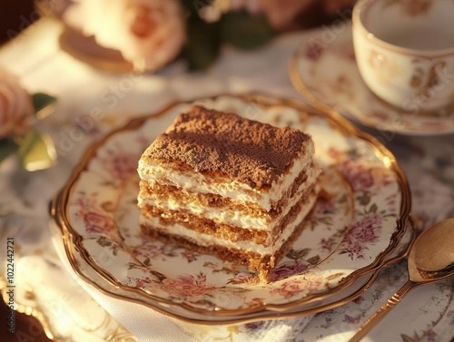 A 1970sstyle Italian cafe scene, with a perfectly layered tiramisu on a vintage floral plate, soft golden lighting, and a retro coffee set photo