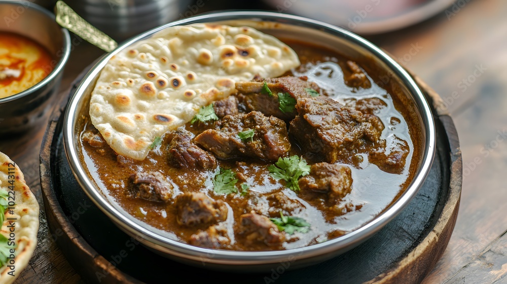 A serving of rich and delicious mutton curry with paratha A serving of rich and delicious mutton curry with paratha