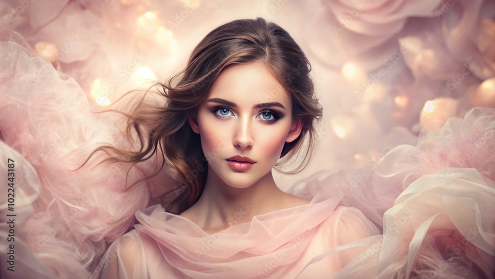 Elegant fashion image set against a delicate rose pink background, enriched with rich fabric textures, offering an ethereal runway backdrop perfect for showcasing exquisite designs. Elegant fashion image set against a delicate rose pink background, enriched with rich fabric textures, offering an ethereal runway backdrop perfect for showcasing exquisite designs.