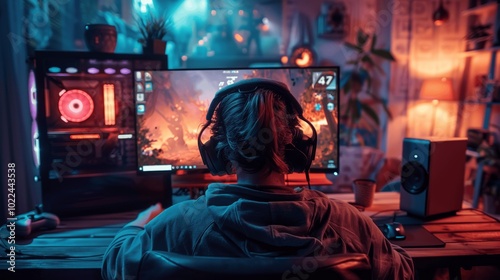 gamer playing video game on pc with headphones using keyboard mouse multiple monitors in dark room with rgb led lights action battle scene on screen photogenic male